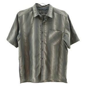 REI Men's Striped Short Sleeve Button Up‎ Shirt • Small • tan, gray, white
